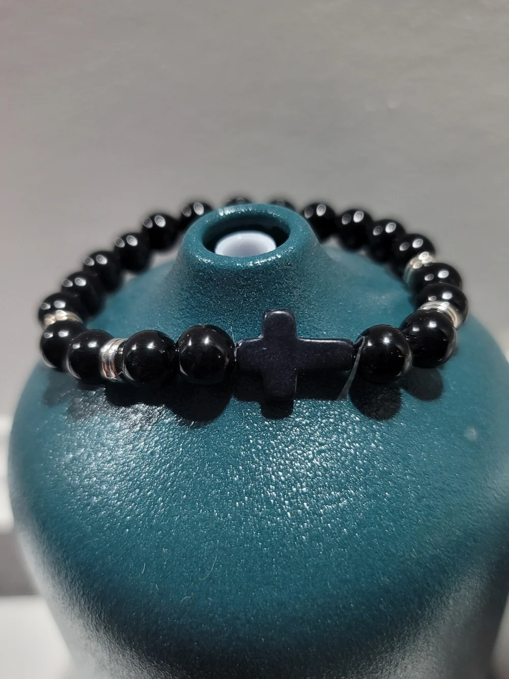 Black Beaded Cross Stretch Bracelet - Mens / Women Accessory